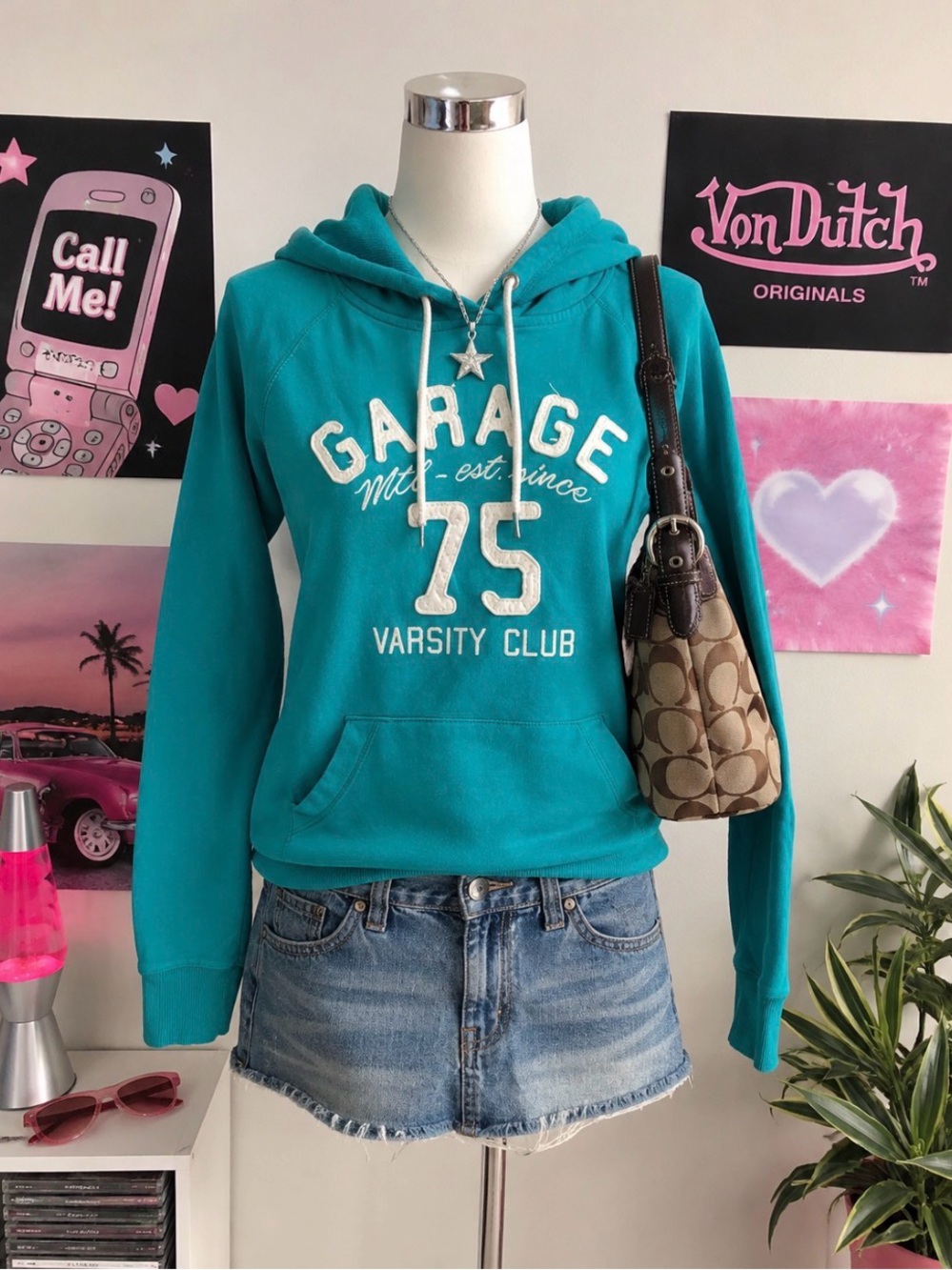 Garage Teal Y2K Varsity Graphic Pullover Hoodie
